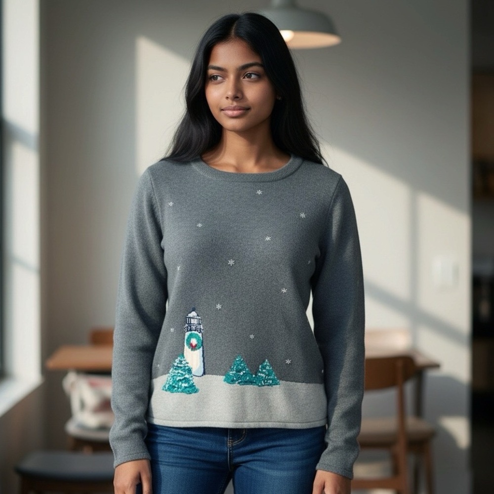 Talbots Petite Pullover Holiday Lighthouse Sweater Long Sleeves